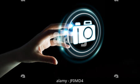 Businesswoman on blurred background using modern camera application 3D rendering Stock Photo