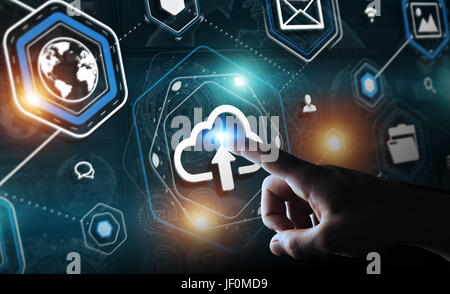 Businessman on blurred background using digital cloud interface 3D rendering Stock Photo
