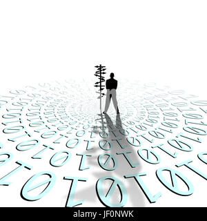 conceptual image of silhouetted directional sign and businessman on binary code matrix Stock Photo
