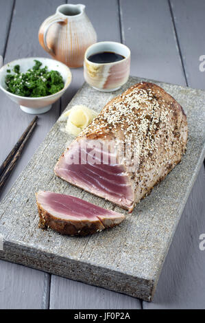 Tuna Steak with Wakame on Tray Stock Photo