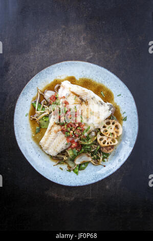 Halibut with Thai Vegetable on Plate Stock Photo