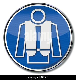 person, waistcoat, portable, cork jacket, indolently, mandatory sign, carry, Stock Vector