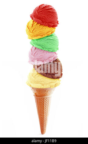 Stack of icecream scoops on top of a cone over a white background Stock Photo