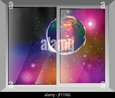 Sky and mars. View through the window. Concept of space. Illustration for your design. Stock Vector