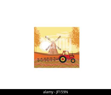 tractor plowing field in autumn Stock Vector