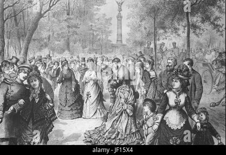 Historical illustration of an autumn afternoon in the Thiergarten of Berlin, Germany, People in the park on a sunny sunday afternoon, Digital improved reproduction from an original print from 1888 Stock Photo