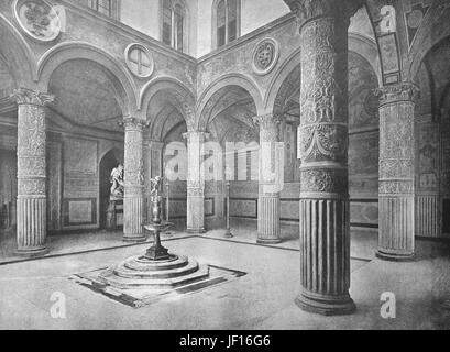 Historical photo of First courtyard with Putto with Dolphin by Verrocchio in the middle, and frescoes of Austrian cities on the wall by Vasari, Florence, Firence, Tuscany, Italy,  Digital improved reproduction from an original print from 1890