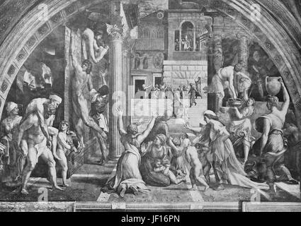 Historical photo of The Fire in the Borgo, 1514, Stanza dell'incendio del Borgo, painted by the workshop to Raphael's design, Vatican, Rome, Italy,  Digital improved reproduction from an original print from 1890 Stock Photo