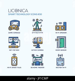 Smart Technology - modern vector flat line design icons set. Game console, gyroscooter, wifi speaker, set-top box, action camera, door sensor, wireles Stock Vector