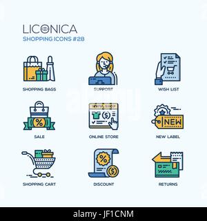 Shopping - modern vector flat line design icons set. Bag, sale, discount, online store, new label, cart, support, customer service, wish list, return, Stock Vector