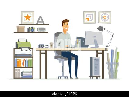 Office Man - vector flat illustration of an employer, colleague, employee. A male worker cartoon character, table, work station. Clock, calendar, note Stock Vector