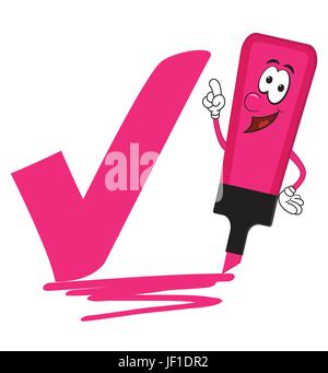 Single pink cartoon highlighter pen with bold tick or check mark Stock Vector