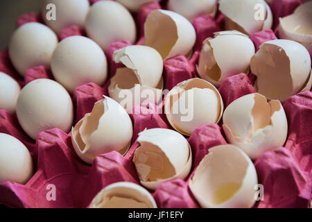 Close up high angle view of white eggs and cracked white egg shells in a pink cardboard tray. Stock Photo