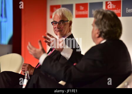 Lord Alistair Darling, former chancellor of the exchequer of UK (left) and George Katrougkalos, alternate minister for foreign affairs of Greece (right) in the 21st Roundtable with the Government of Greece, by the Economist. (Photo by Dimitrios Karvountzis/Pacific Press) Stock Photo