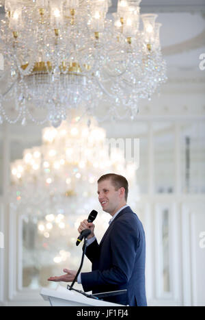Eric Trump, son of US President Donald Trump, speaks during the opening of the new golf course at Trump Turnberry in Ayrshire. Stock Photo