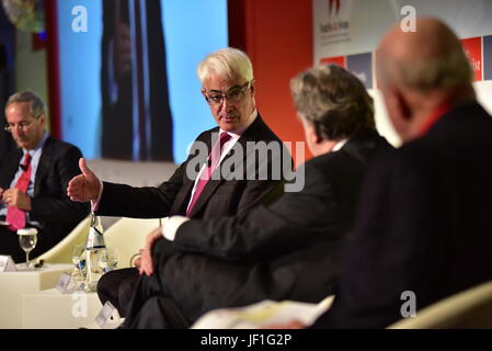 Lord Alistair Darling, former chancellor of the exchequer of UK (left) and George Katrougkalos, alternate minister for foreign affairs of Greece (right) in the 21st Roundtable with the Government of Greece, by the Economist. (Photo by Dimitrios Karvountzis/Pacific Press) Stock Photo