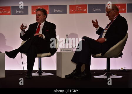 George Katrougkalos, alternate minister for foreign affairs of Greece (left) and John Negroponte, former US deputy secretary of state (right), during the 21st Roundtable with the Government of Greece, by the Economist. (Photo by Dimitrios Karvountzis/Pacific Press) Stock Photo