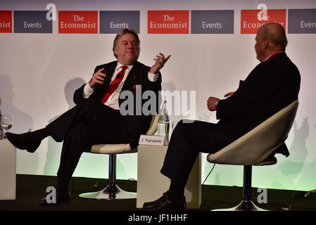 George Katrougkalos, alternate minister for foreign affairs of Greece (left) and John Negroponte, former US deputy secretary of state (right), during the 21st Roundtable with the Government of Greece, by the Economist. (Photo by Dimitrios Karvountzis/Pacific Press) Stock Photo