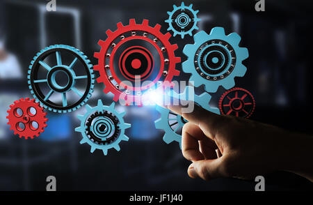 Businessman on blurred background touching floating gear icons with his finger 3D rendering Stock Photo