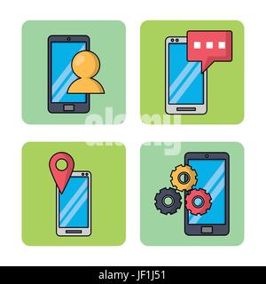 white background with colorful squares of smartphones with social networks and tools Stock Vector
