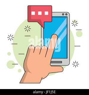color background with hand and finger over smartphone screen with text dialogue in red Stock Vector