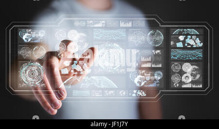 Businessman on blurred background using digital screens with holograms datas 3D rendering Stock Photo