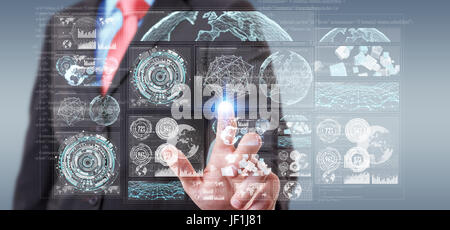 Businessman on blurred background using digital screens with holograms datas 3D rendering Stock Photo