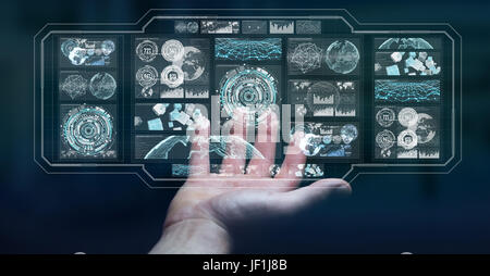Businessman on blurred background using digital screens with holograms datas 3D rendering Stock Photo