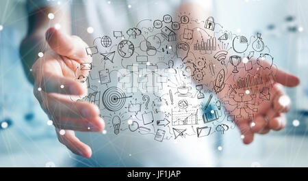 Businessman on blurred background holding manuscript project presentation with his hand Stock Photo