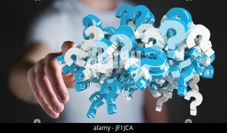 Businessman on blurred background using 3D rendering question marks Stock Photo