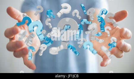 Businessman on blurred background using 3D rendering question marks Stock Photo