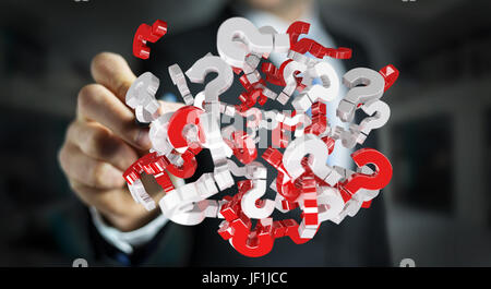 Businessman on blurred background using 3D rendering question marks Stock Photo