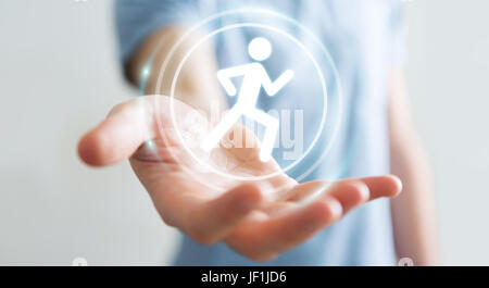 Young man on blurred background using running application to check his performances 3D rendering Stock Photo