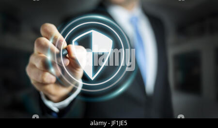 Businessman on blurred background using shield safe protection to protect his datas 3D rendering Stock Photo