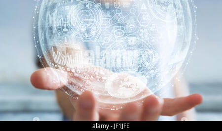 Businessman holding white and blue hologram sphere 3D rendering Stock Photo
