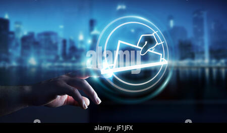 Businessman on blurred background voting using digital interface 3D rendering Stock Photo