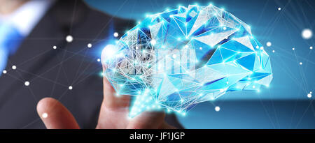 Businessman touching digital human brain with cell and neurons activity 3D rendering Stock Photo