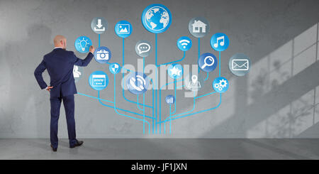 Businessman in modern interior using social network interface on a wall 3D rendering Stock Photo