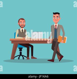 color background full body set of executive men in workplace and desk with laptop Stock Vector