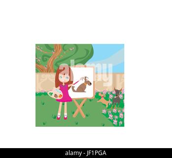 little artist girl painting dog on large paper canvas Stock Vector