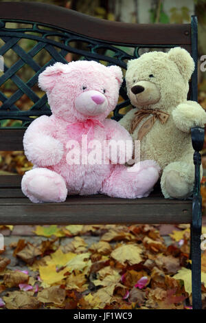 Two teddy bears on a bench in autumn park Stock Photo