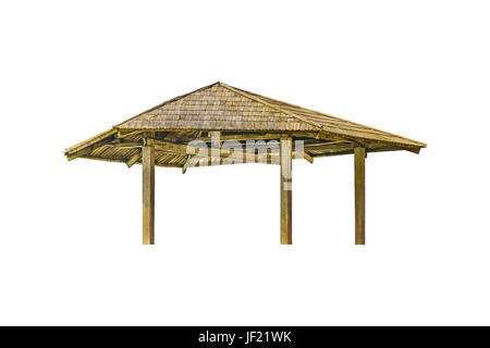 white wooden gazebo roof in the park against blue sky background with ...