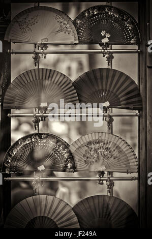 Decorative traditional Spanish fans displayed in a store window in Madrid Stock Photo