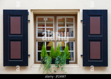 Window of the house with open shutters and flowers on the windowsill Stock Photo
