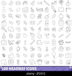 100 headway icons set, outline style Stock Vector