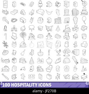 100 hospitality icons set, outline style Stock Vector