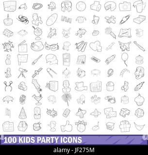 100 kids party icons set, outline style Stock Vector
