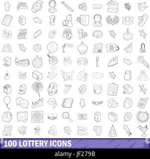 100 lottery icons set, outline style Stock Vector
