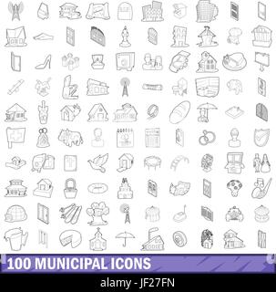 100 municipal icons set, outline style Stock Vector