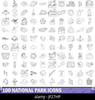 100 national park icons set, outline style Stock Vector